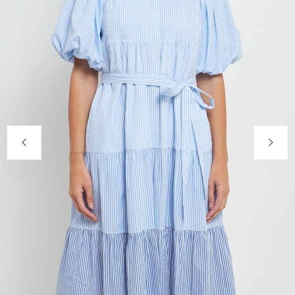 English Factory Puff Sleeve Round Neckline Midi Stripes Tiered Blue Dress Size S - Picture 2 of 15